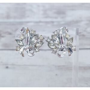 Vintage Clip On Earrings Silver Tone, Clear Gem - Silver Tone Chipping